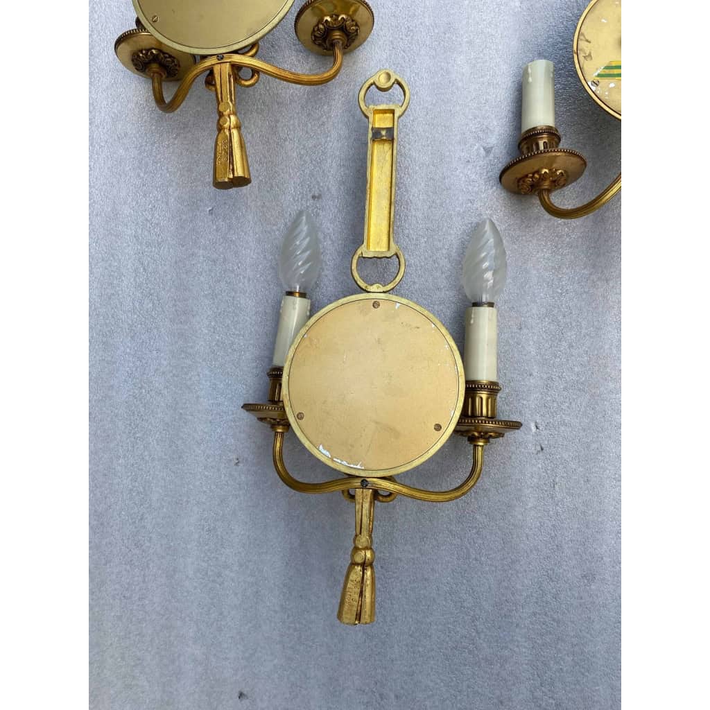 1950/70′ Série De 4 Appliques en Bronze Doré Avec Miroir Convexe Signée Petitot | Biron 1950/70′ Série De 4 Appliques en Bronze Doré Avec Miroir Convexe Signée Petitot