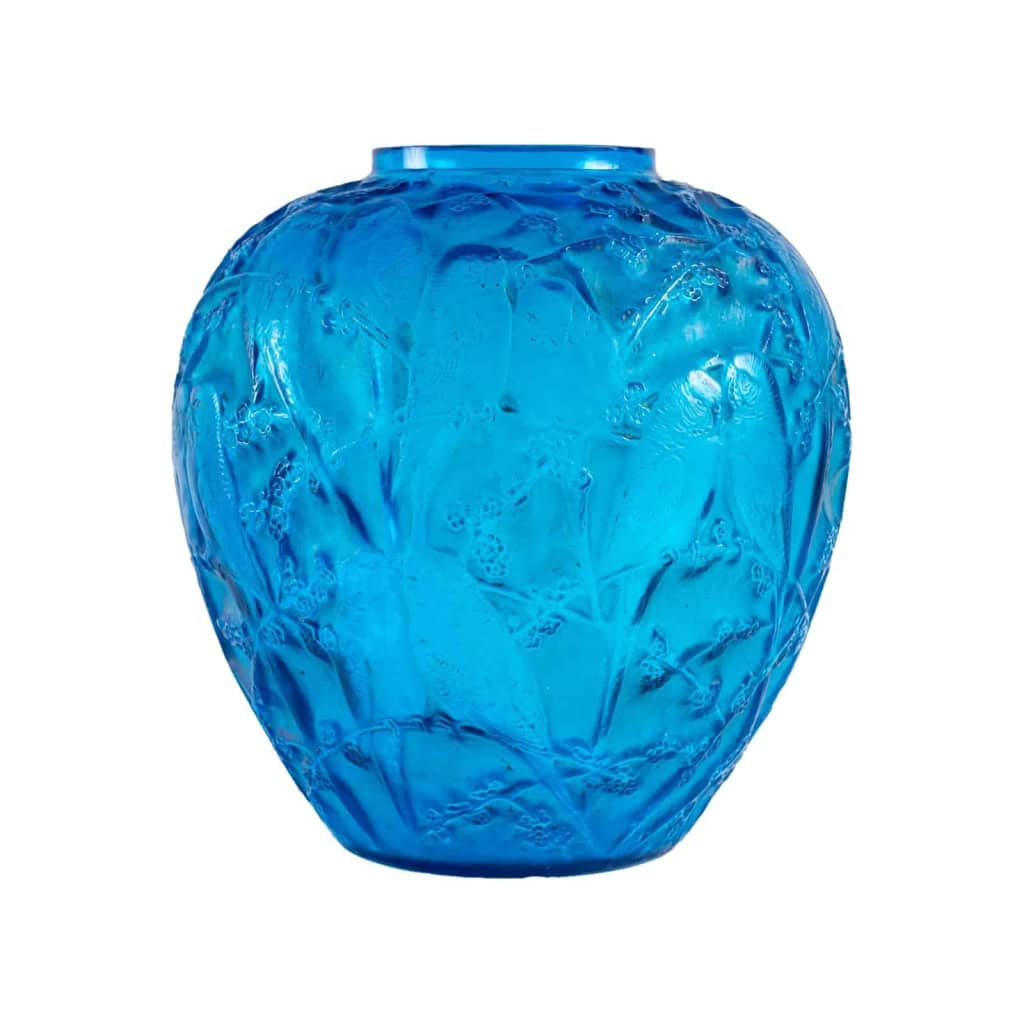 René Lalique (1860-1945) : Vase » Perruches » Verre Bleu | Biron ||||||||