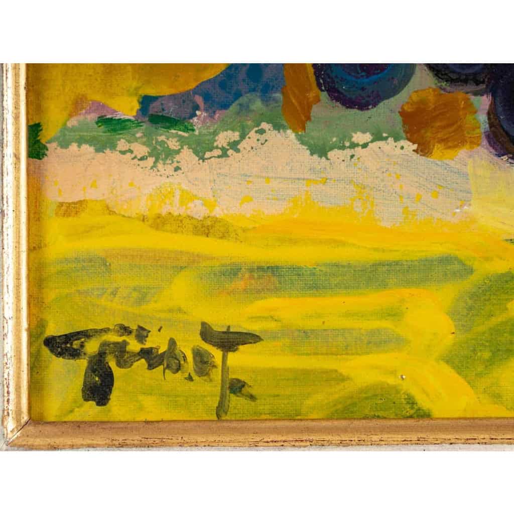 Peinture "Nature morte au vase de fleurs et raisins" de Pierre Grisot (1911-1995)