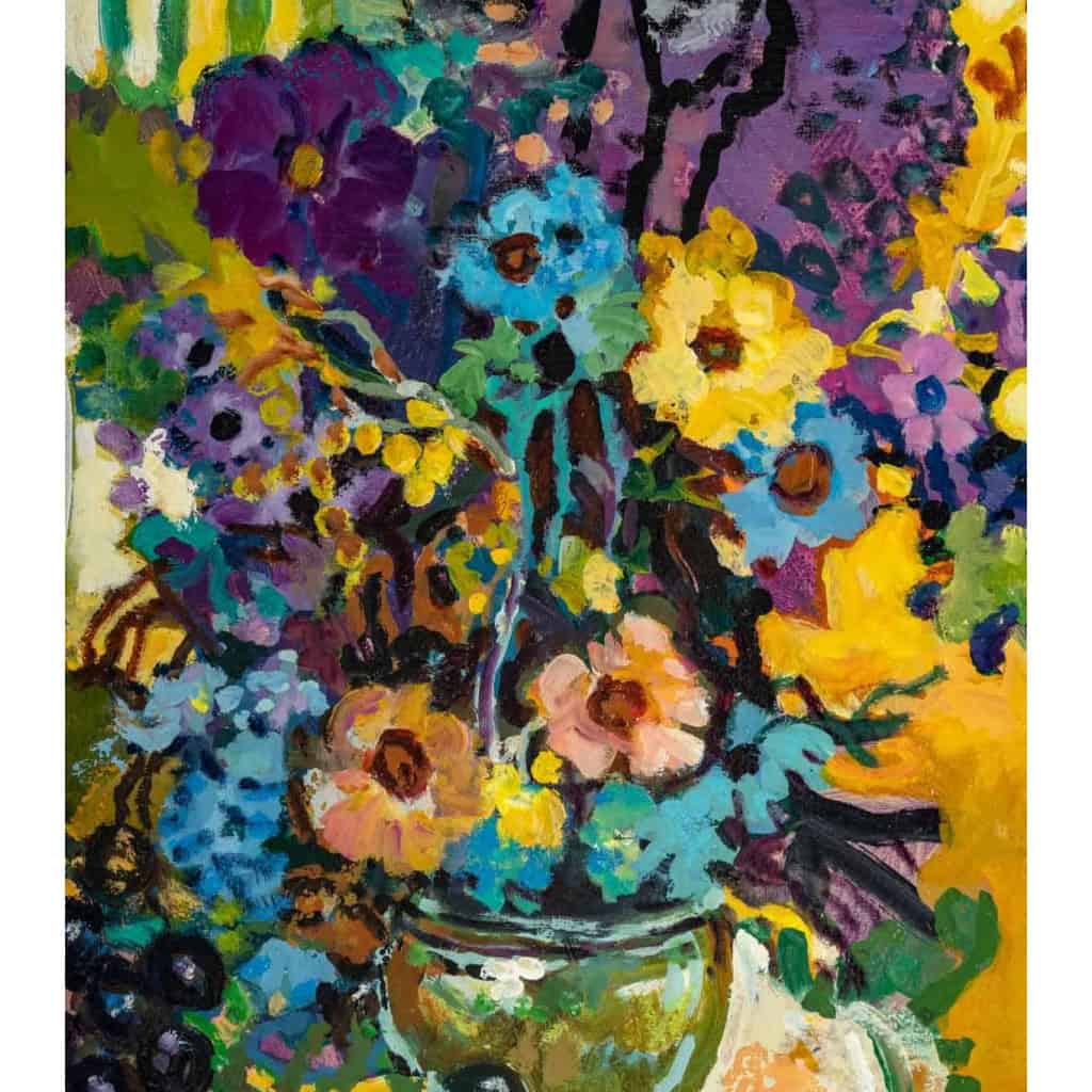 Peinture "Nature morte au vase de fleurs et raisins" de Pierre Grisot (1911-1995)