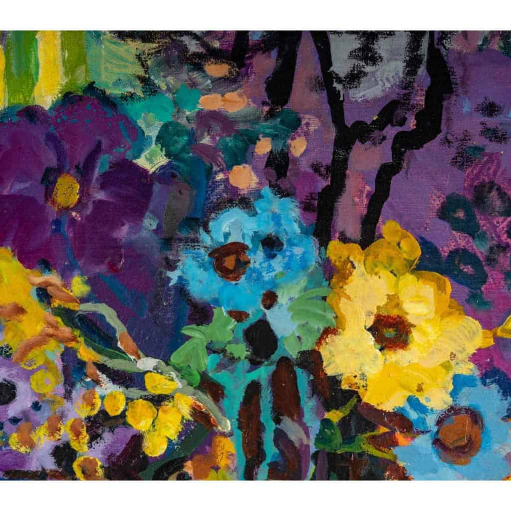 Peinture "Nature morte au vase de fleurs et raisins" de Pierre Grisot (1911-1995)