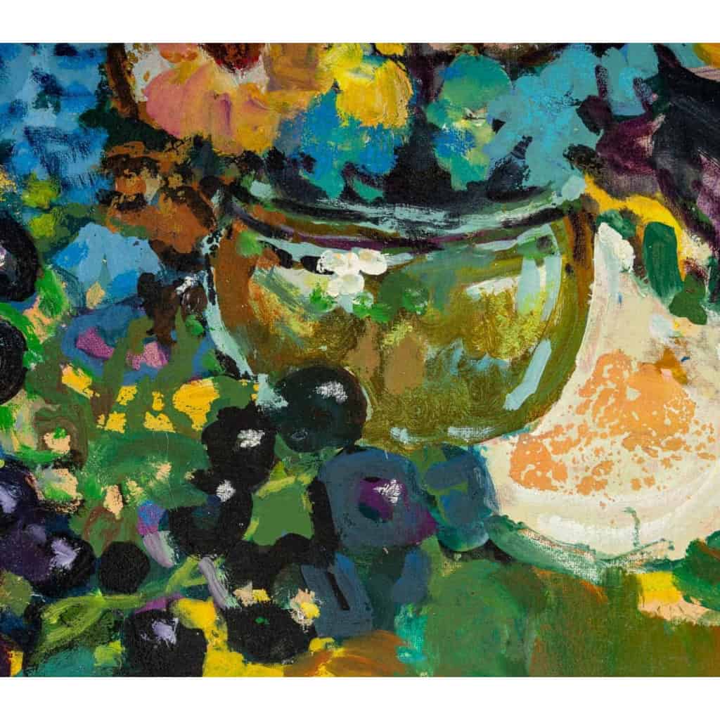Peinture "Nature morte au vase de fleurs et raisins" de Pierre Grisot (1911-1995)