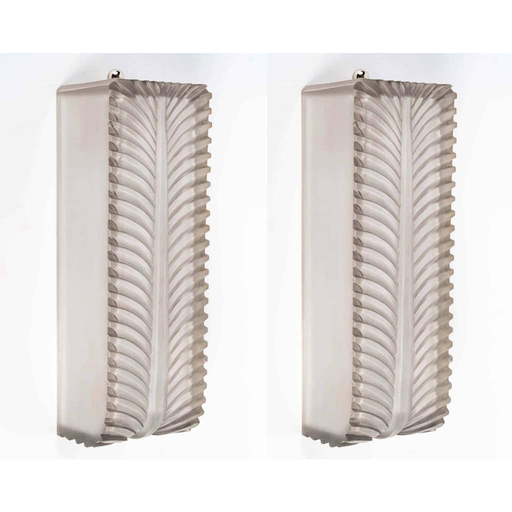 Paire d’Appliques « Palmes » verre blanc patiné gris de René LALIQUE | Biron ||||||||