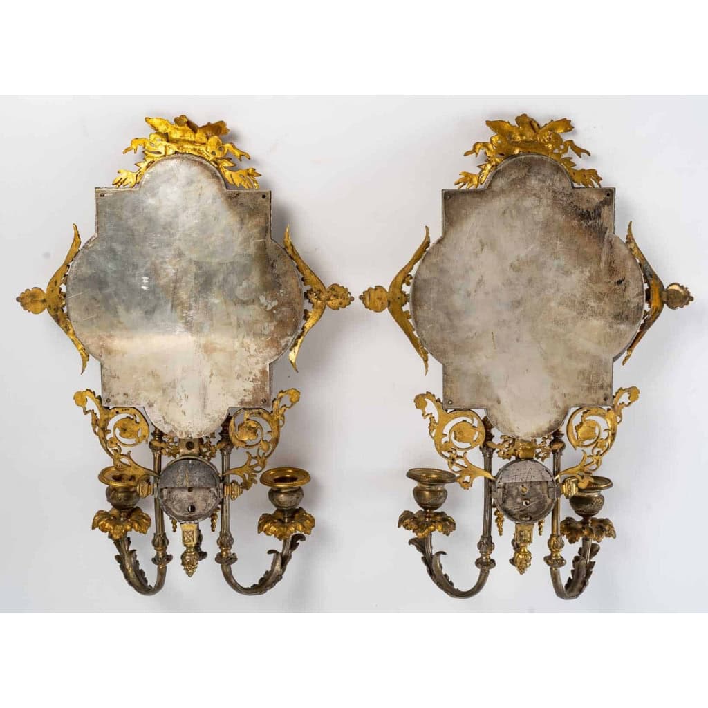 Paire d’appliques en bronze doré et argenté fin XIXème siècle | Biron Paire d'appliques en bronze doré et argenté fin XIXème siècle