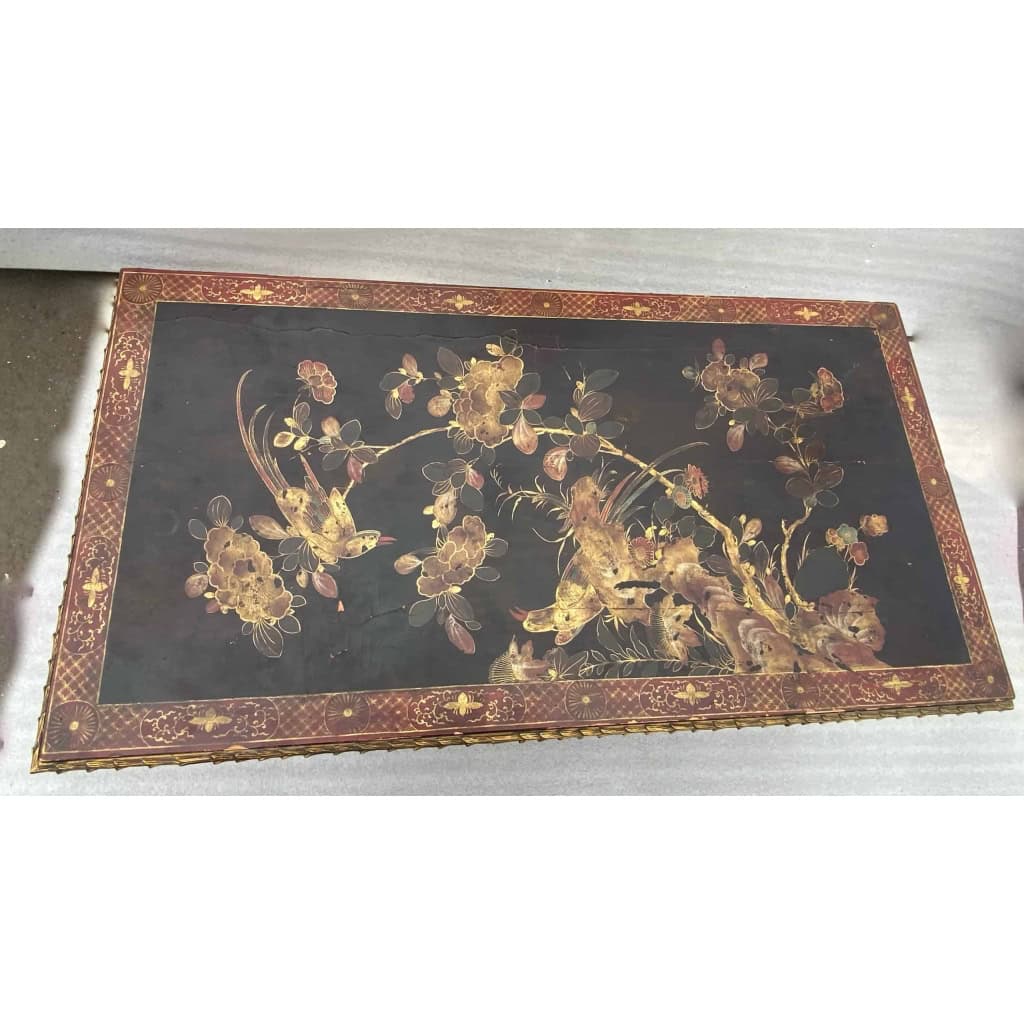 1970′ Table Basse Bronze Modèle Palmier Maison Baguès Ou Charles Laque De Chine 105 x 47 x H 42 cm