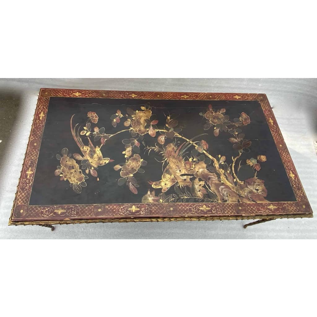 1970′ Table Basse Bronze Modèle Palmier Maison Baguès Ou Charles Laque De Chine 105 x 47 x H 42 cm