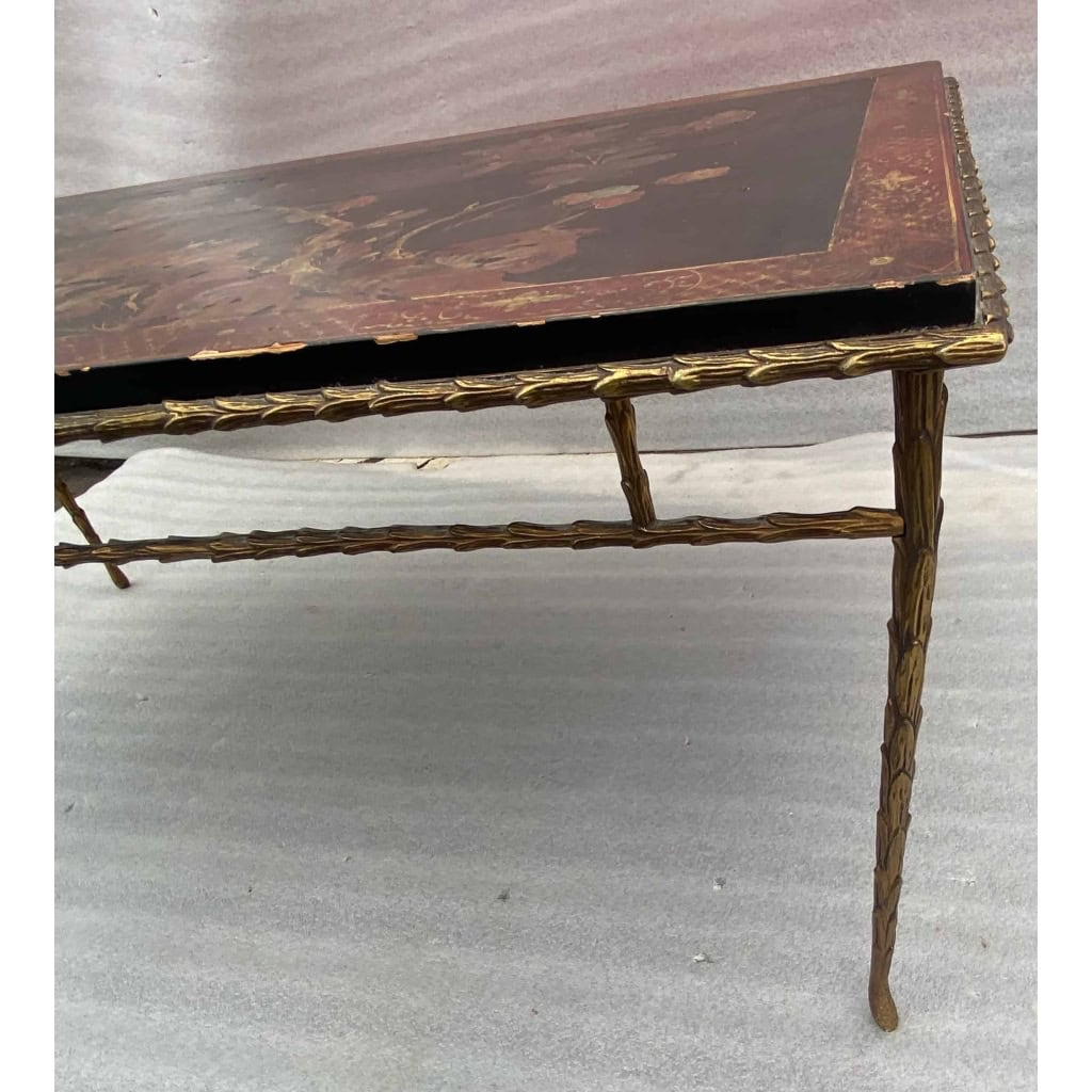 1970′ Table Basse Bronze Modèle Palmier Maison Baguès Ou Charles Laque De Chine 105 x 47 x H 42 cm