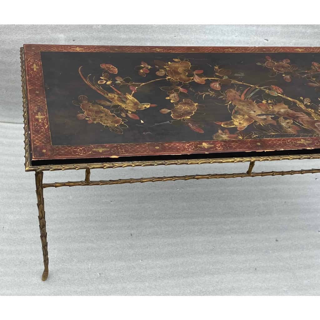 1970′ Table Basse Bronze Modèle Palmier Maison Baguès Ou Charles Laque De Chine 105 x 47 x H 42 cm