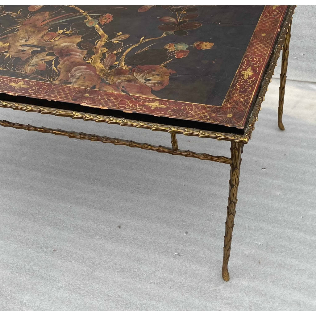 1970′ Table Basse Bronze Modèle Palmier Maison Baguès Ou Charles Laque De Chine 105 x 47 x H 42 cm