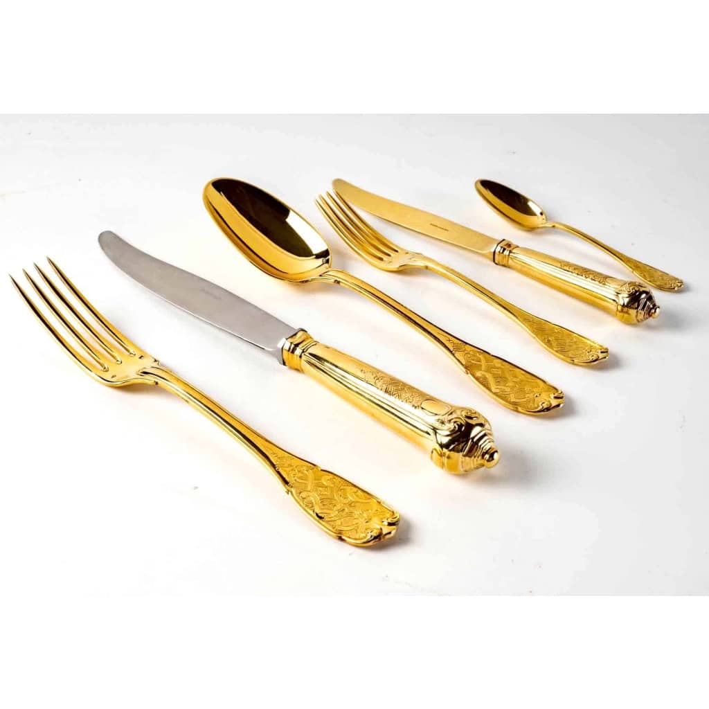 Ménagère « Elysée » vermeil (argent massif 950/1000ème plaqué or) de PUIFORCAT – 70 Pièces | Biron |||||||||||||