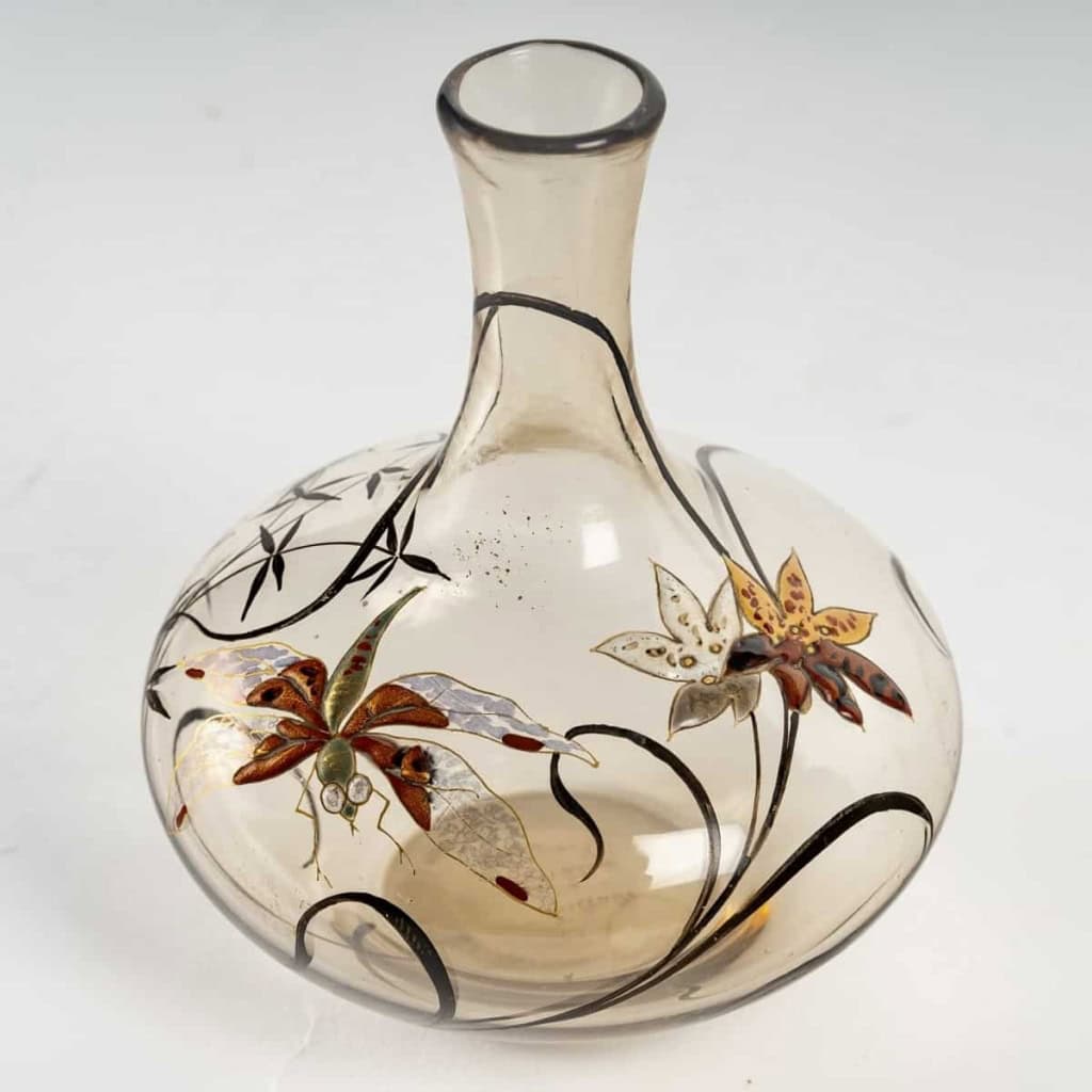 Vase « Libellule et Fleurs » verre fumé émaillé d’Emile Gallé | Biron |||||||