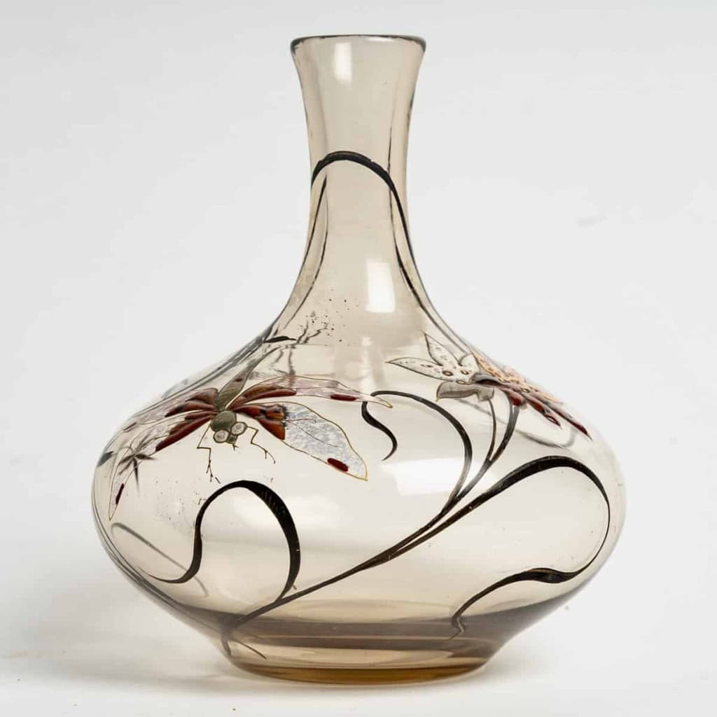 Vase « Libellule et Fleurs » verre fumé émaillé d’Emile Gallé | Biron Vase "Libellule et Fleurs" verre fumé émaillé d'Emile Gallé