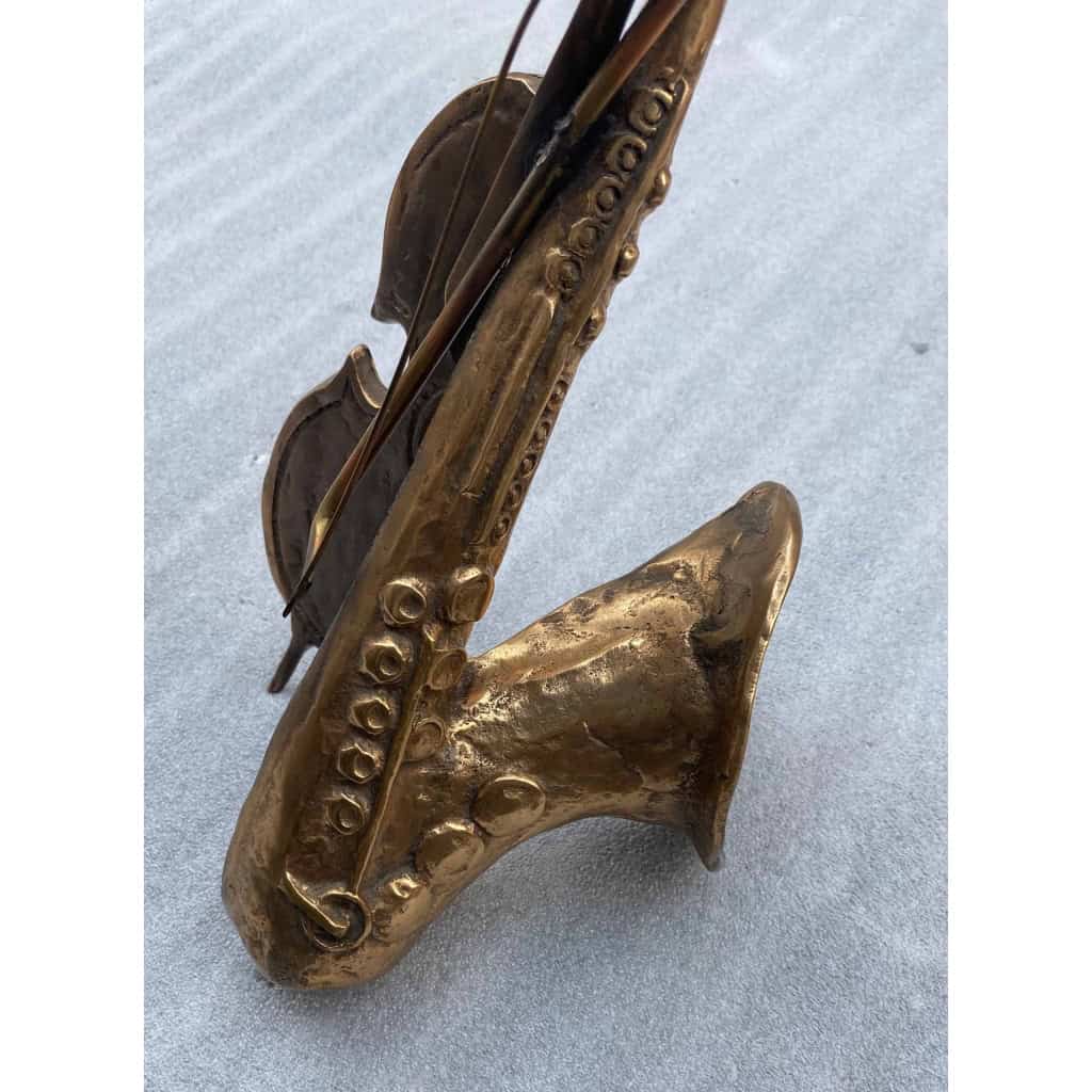 1970/80 Saxophone Et Violon En Bronze , Sculpture Signée LOHE | Biron 1970/80 Saxophone Et Violon En Bronze , Sculpture Signée LOHE