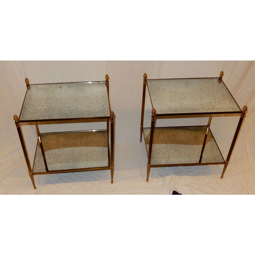 1950/70′ Paire De Bouts De Canapé Rectangulaires Maison Baguès Laiton et Bronze Plateaux Miroirs Oxydés Vieillis et Avec | Biron 1950/70′ Paire De Bouts De Canapé Rectangulaires Maison Baguès Laiton et Bronze Plateaux Miroirs Oxydés Vieillis et Avec