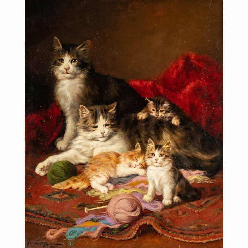 Jules Gustave Leroy (1856 – 1921) : Famille de chats à la pelote de laine. | Biron Jules Gustave Leroy (1856 - 1921) : Famille de chats à la pelote de laine.