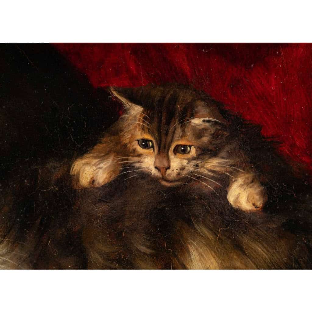 Jules Gustave Leroy (1856 – 1921) : Famille de chats à la pelote de laine. | Biron Jules Gustave Leroy (1856 - 1921) : Famille de chats à la pelote de laine.