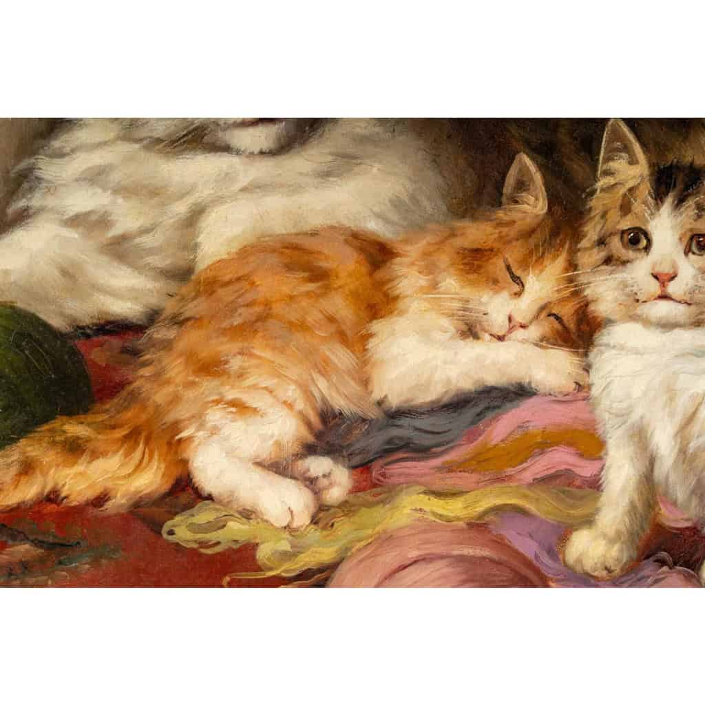 Jules Gustave Leroy (1856 – 1921) : Famille de chats à la pelote de laine. | Biron Jules Gustave Leroy (1856 - 1921) : Famille de chats à la pelote de laine.