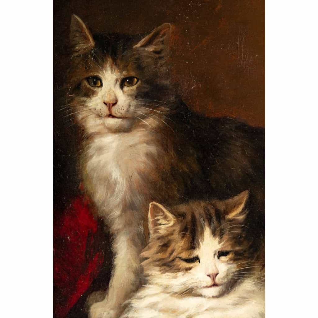 Jules Gustave Leroy (1856 – 1921) : Famille de chats à la pelote de laine. | Biron Jules Gustave Leroy (1856 - 1921) : Famille de chats à la pelote de laine.