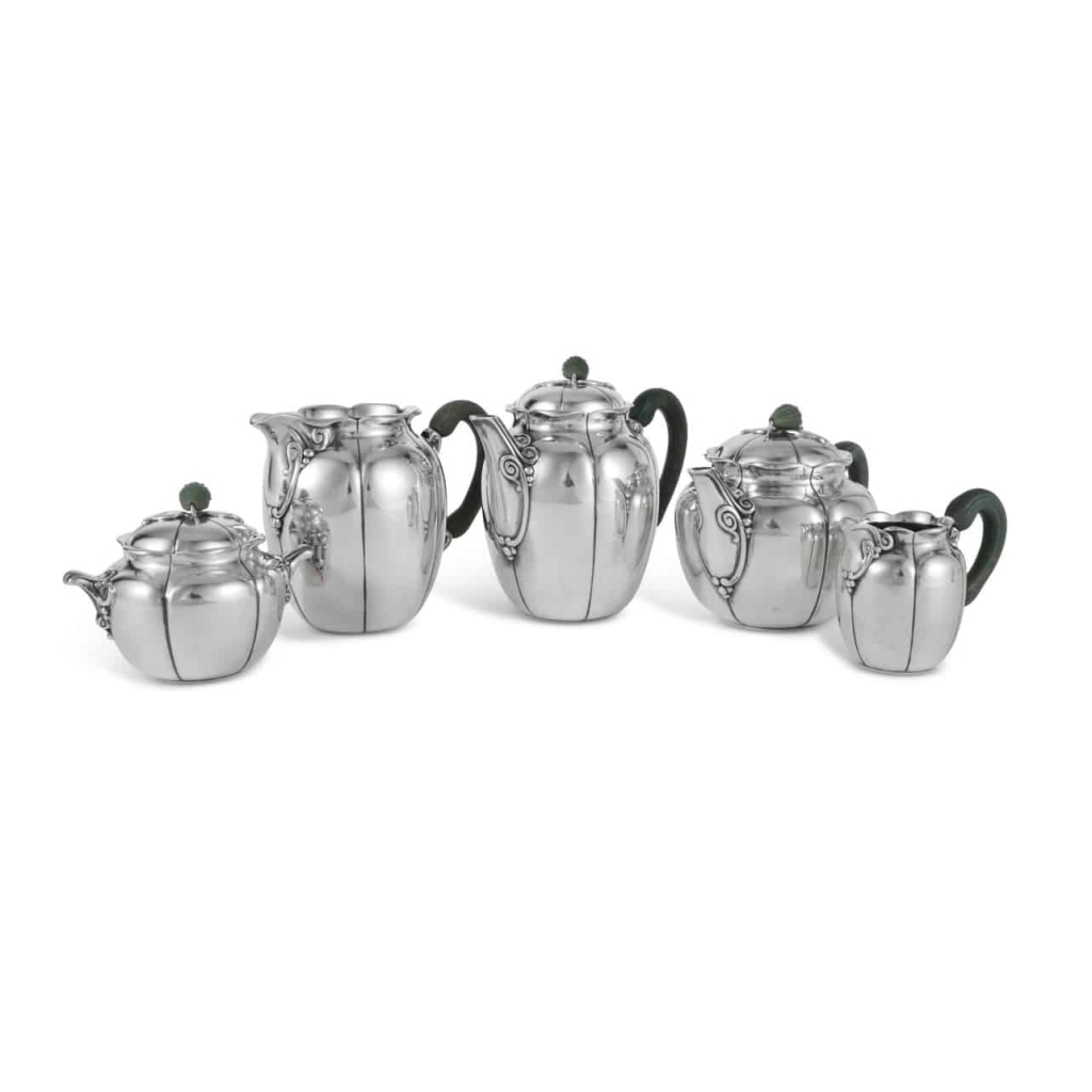Service café et thé Art Nouveau argent massif et néphrite de Jean E. PUIFORCAT | Biron ||||||