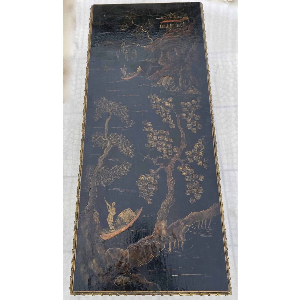1970′ Table Basse Bronze Doré Style Baguès Decor Palmier Laque de Chine 107,5 x 47 x Hauteur 41,5 cm 2