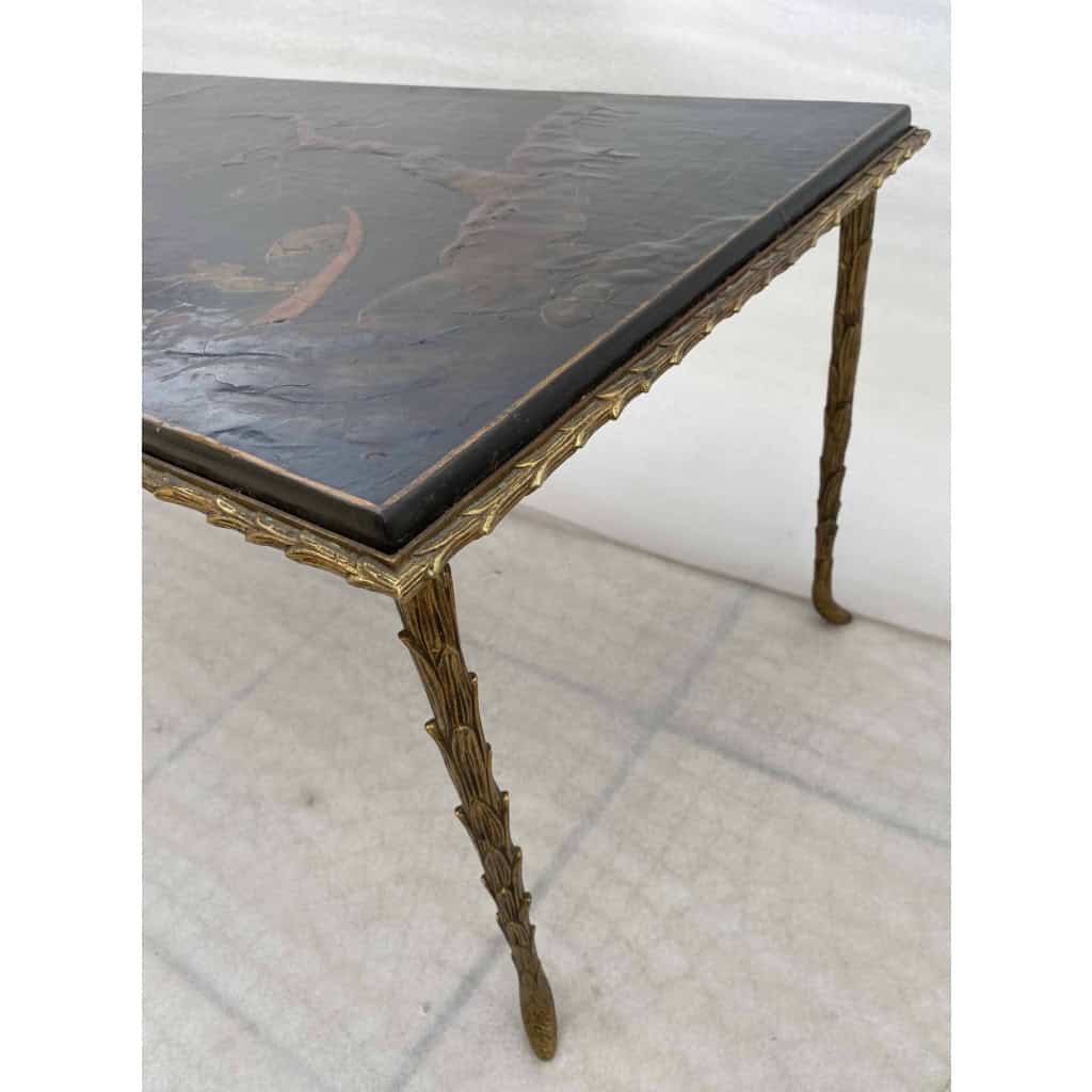 1970′ Table Basse Bronze Doré Style Baguès Decor Palmier Laque de Chine 107,5 x 47 x Hauteur 41,5 cm 12