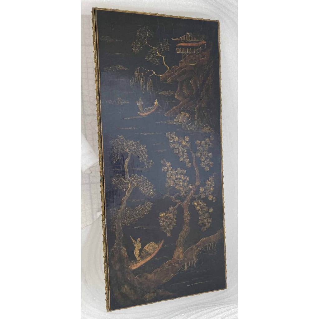 1970′ Table Basse Bronze Doré Style Baguès Decor Palmier Laque de Chine 107,5 x 47 x Hauteur 41,5 cm 7