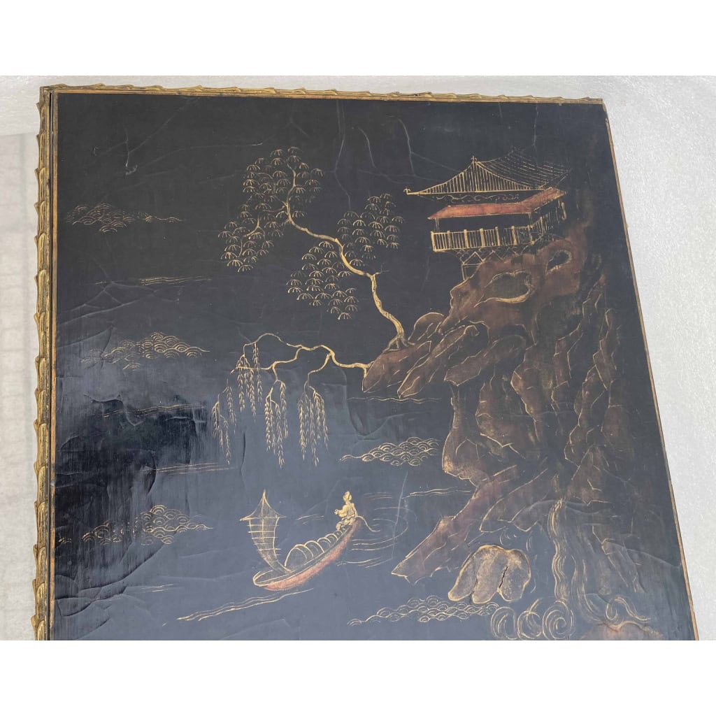 1970′ Table Basse Bronze Doré Style Baguès Decor Palmier Laque de Chine 107,5 x 47 x Hauteur 41,5 cm 8