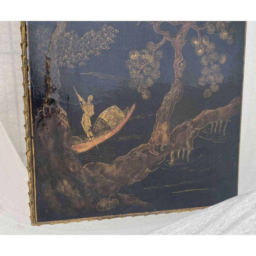 1970′ Table Basse Bronze Doré Style Baguès Decor Palmier Laque de Chine 107,5 x 47 x Hauteur 41,5 cm 10