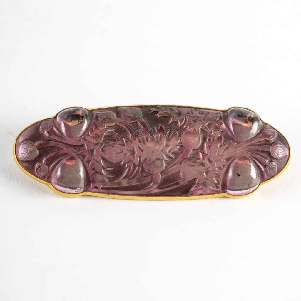 Broche Quatre Cabochons Bluets Verre Blanc Patiné Gris Sur Clinquant Rose de René LALIQUE | Biron ||||