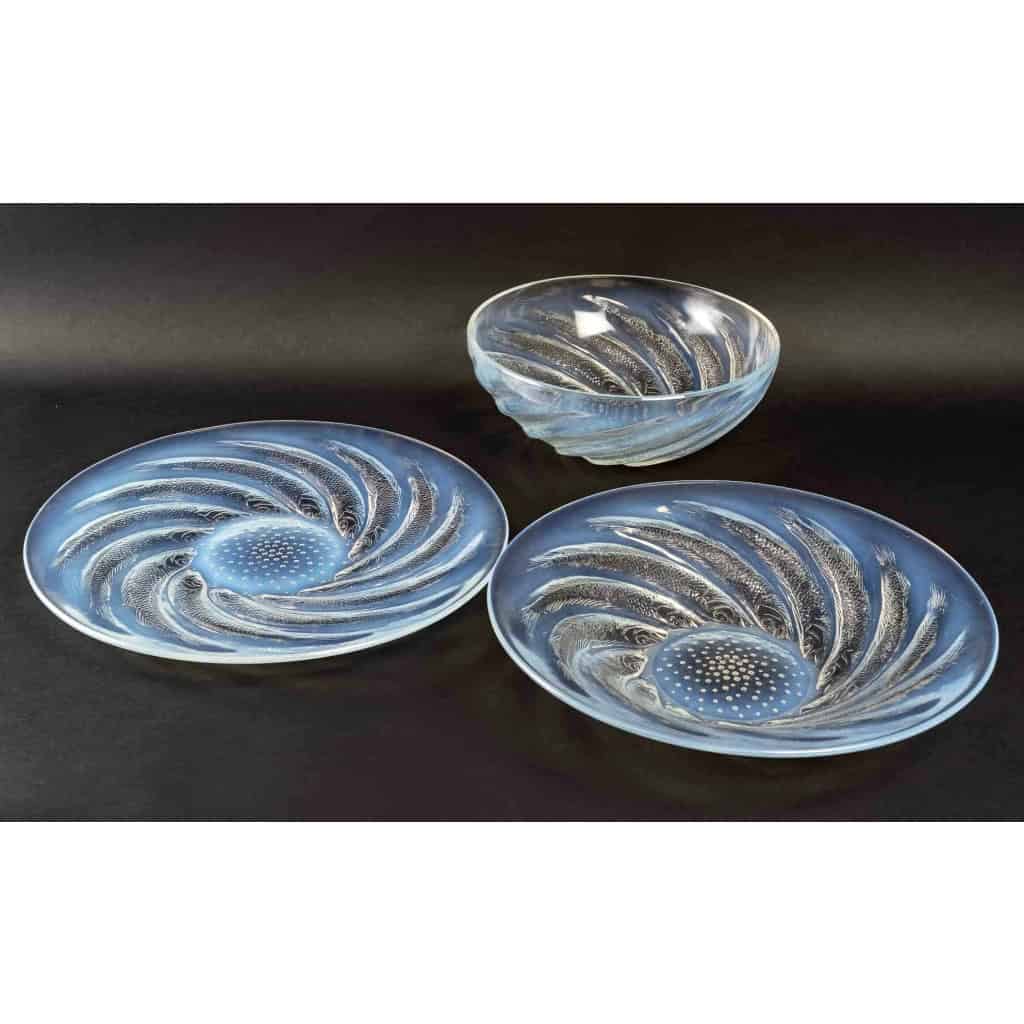 Coupe, Bol et Assiette « Poissons » verre opalescent de René LALIQUE | Biron |||||||||||||