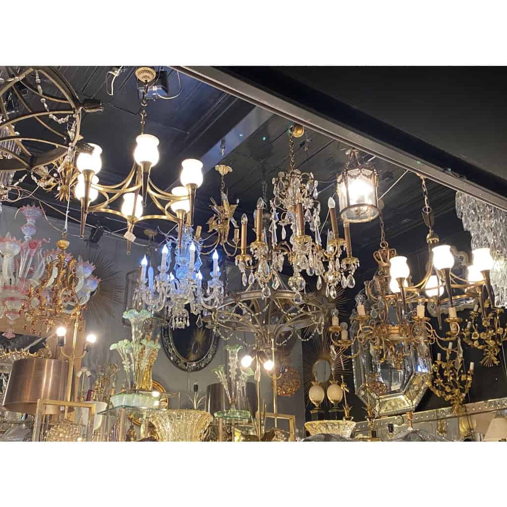 1920/50′ Paire De Lustres Bronze et Laiton Avec Flèche Style Arbus Par Maison Jansen 6 Ampoules | Biron ||||||||||||