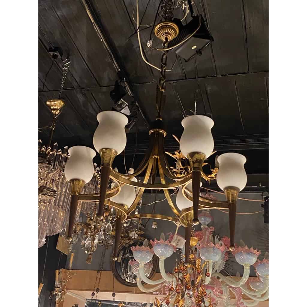 1920/50′ Paire De Lustres Bronze et Laiton Avec Flèche Style Arbus Par Maison Jansen 6 Ampoules | Biron 1920/50′ Paire De Lustres Bronze et Laiton Avec Flèche Style Arbus Par Maison Jansen 6 Ampoules