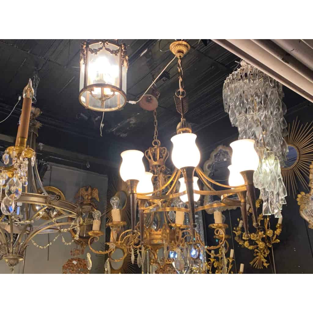1920/50′ Paire De Lustres Bronze et Laiton Avec Flèche Style Arbus Par Maison Jansen 6 Ampoules | Biron 1920/50′ Paire De Lustres Bronze et Laiton Avec Flèche Style Arbus Par Maison Jansen 6 Ampoules