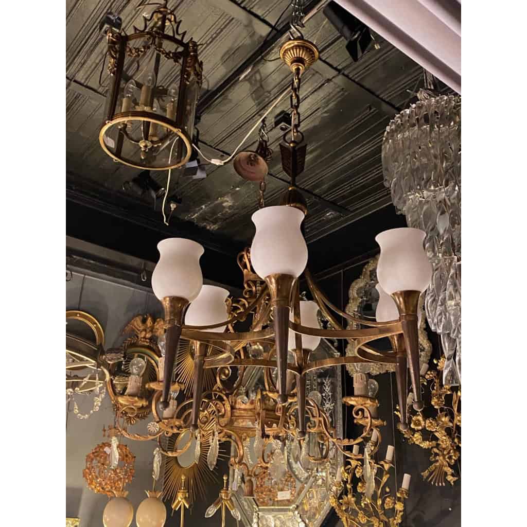 1920/50′ Paire De Lustres Bronze et Laiton Avec Flèche Style Arbus Par Maison Jansen 6 Ampoules | Biron 1920/50′ Paire De Lustres Bronze et Laiton Avec Flèche Style Arbus Par Maison Jansen 6 Ampoules