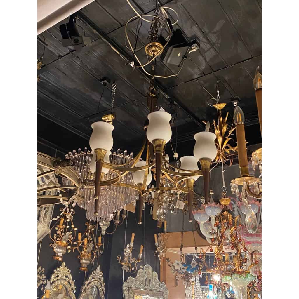 1920/50′ Paire De Lustres Bronze et Laiton Avec Flèche Style Arbus Par Maison Jansen 6 Ampoules | Biron 1920/50′ Paire De Lustres Bronze et Laiton Avec Flèche Style Arbus Par Maison Jansen 6 Ampoules