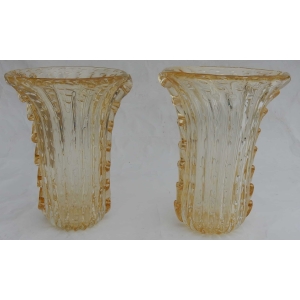 1970′ Paire de Vases Ou Similaires Cristal Murano Avec Paillons D’ Or Signés Murano Toso H 36 cm