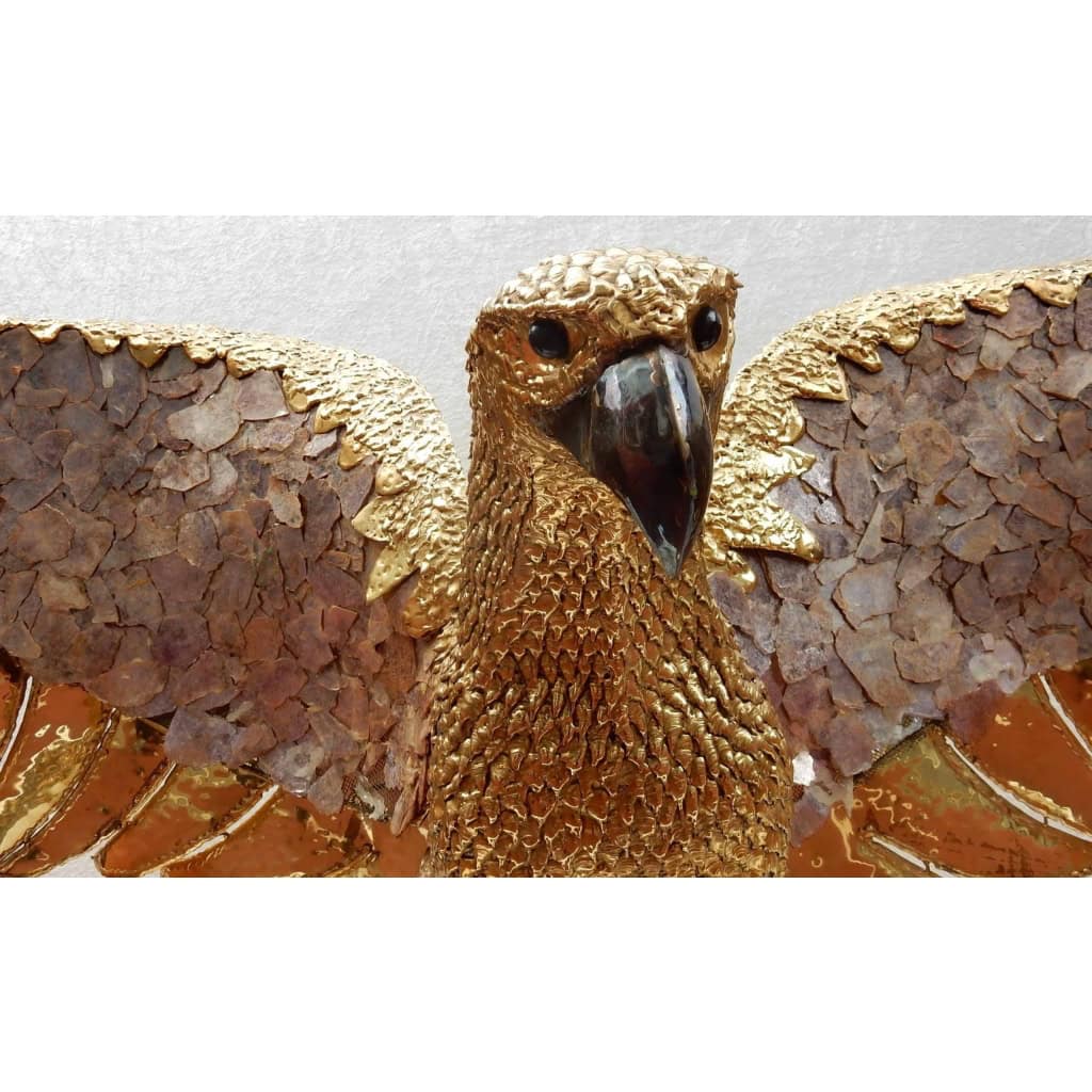 1970′ Lampe A L’Aigle Avec Ailes Déployées En Bronze Ornées De Mica Violet Style Duval Brasseur Éclairante Signée Isabel | Biron 1970′ Lampe A L’Aigle Avec Ailes Déployées En Bronze Ornées De Mica Violet Style Duval Brasseur Éclairante Signée Isabel