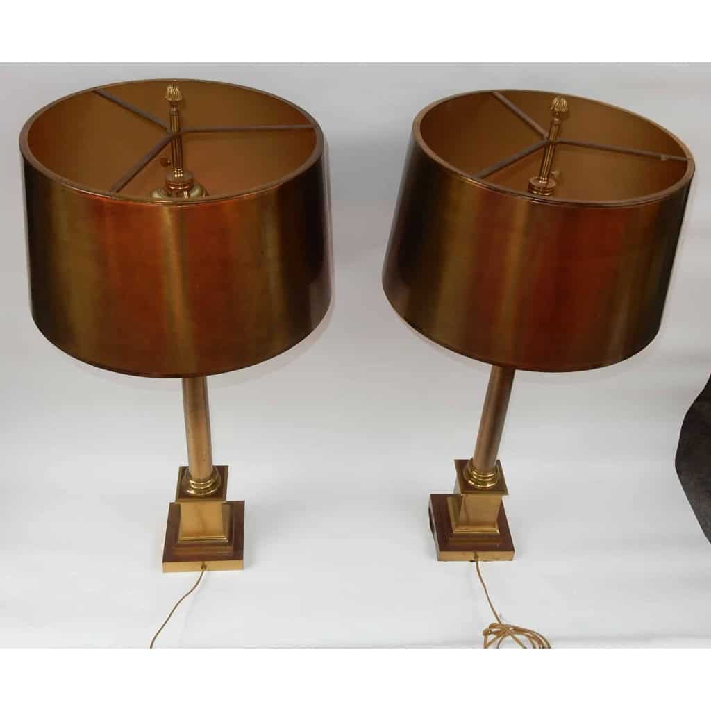 1950/70 Paire de Lampes Aux Colonnes Coryntiennes en Laiton et Bronze Signées Charles