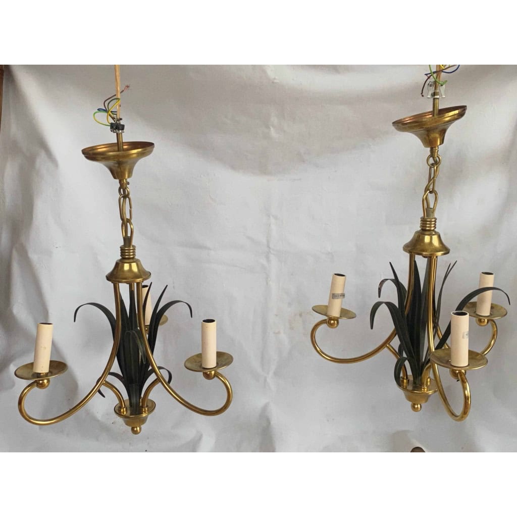 1970′ Paire De Lustres Aux Roseaux Double Patine Laiton Doré Et Fer Peint | Biron 1970′ Paire De Lustres Aux Roseaux Double Patine Laiton Doré Et Fer Peint