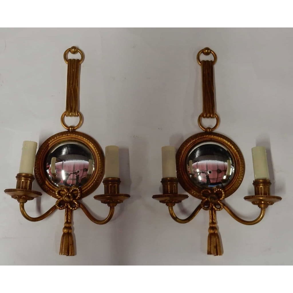 1950/70′ Paire d’Appliques en Bronze Doré Avec Miroir Convexe Signée Petitot | Biron |||||||||||
