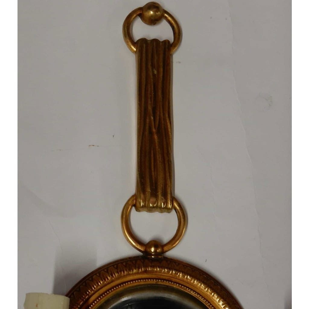 1950/70′ Paire d’Appliques en Bronze Doré Avec Miroir Convexe Signée Petitot | Biron 1950/70′ Paire d’Appliques en Bronze Doré Avec Miroir Convexe Signée Petitot