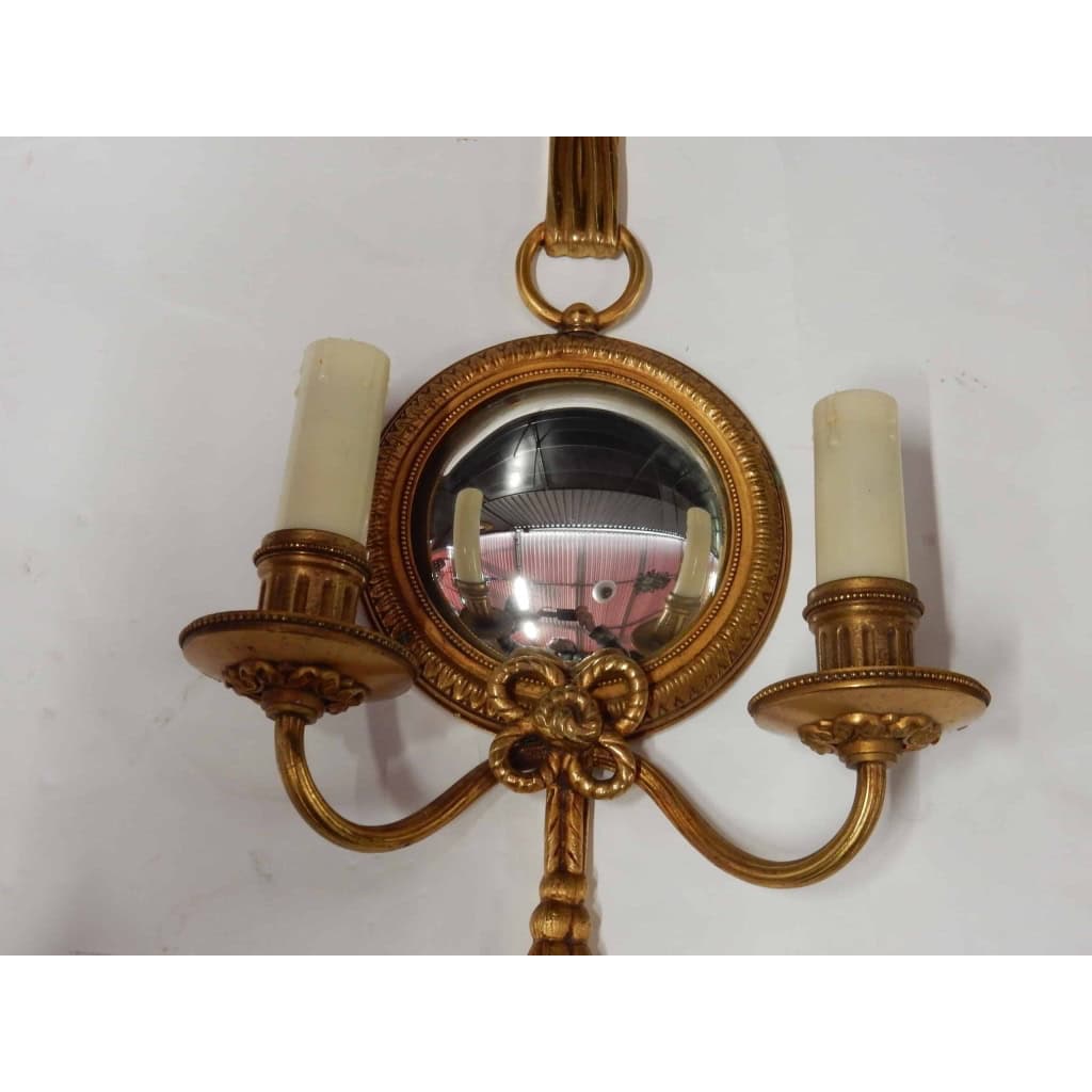 1950/70′ Paire d’Appliques en Bronze Doré Avec Miroir Convexe Signée Petitot | Biron 1950/70′ Paire d’Appliques en Bronze Doré Avec Miroir Convexe Signée Petitot