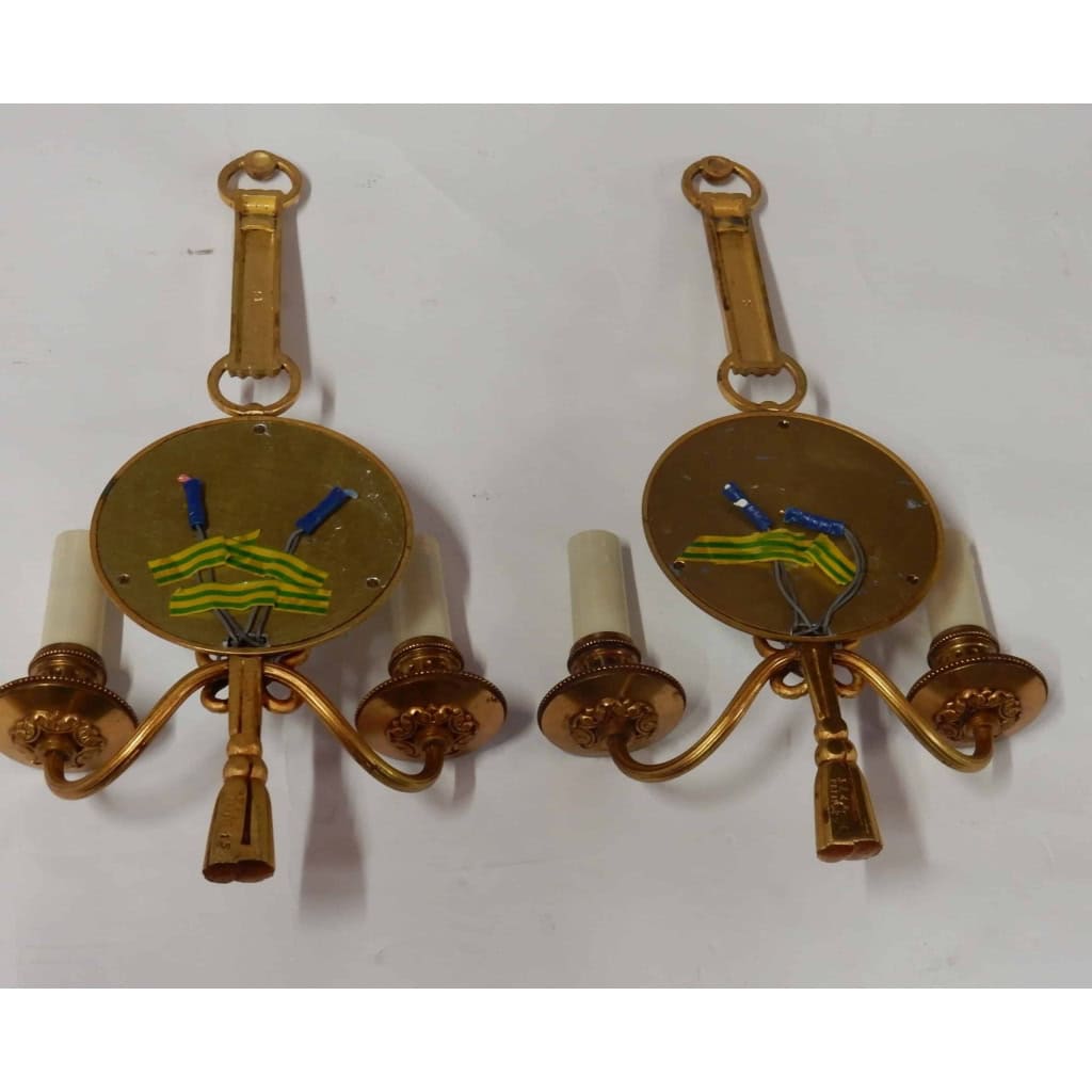 1950/70′ Paire d’Appliques en Bronze Doré Avec Miroir Convexe Signée Petitot | Biron 1950/70′ Paire d’Appliques en Bronze Doré Avec Miroir Convexe Signée Petitot