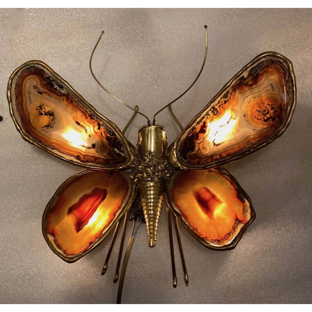 1970’Applique Papillon en Bronze ou Laiton, Duval Brasseur Ou Isabelle Faure, 4 Ampoules, Ailes d’Agate : 33 X Hauteur 2 | Biron |||||||||||