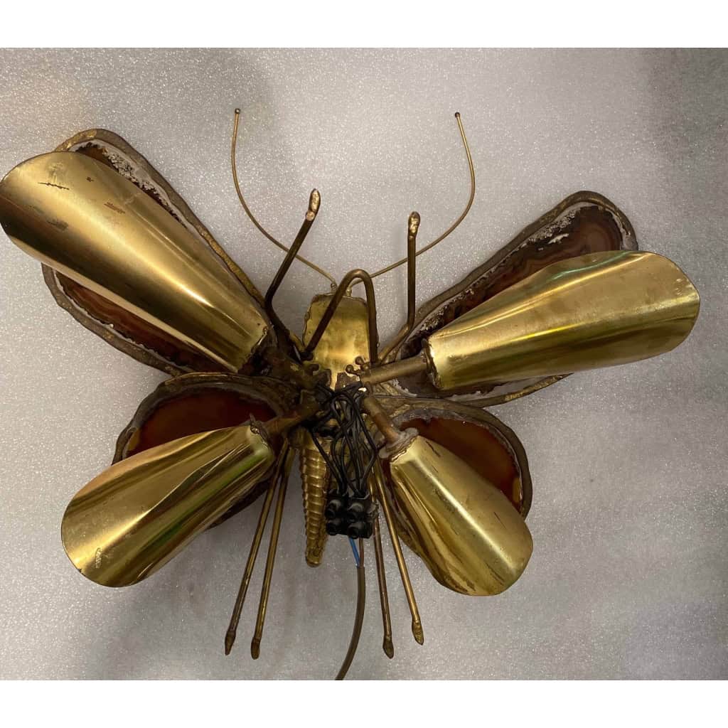 1970’Applique Papillon en Bronze ou Laiton, Duval Brasseur Ou Isabelle Faure, 4 Ampoules, Ailes d’Agate : 33 X Hauteur 2 | Biron 1970’Applique Papillon en Bronze ou Laiton, Duval Brasseur Ou Isabelle Faure, 4 Ampoules, Ailes d’Agate : 33 X Hauteur 2