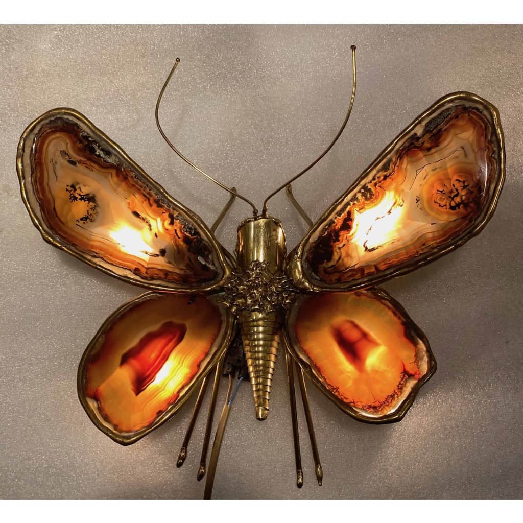 1970’Applique Papillon en Bronze ou Laiton, Duval Brasseur Ou Isabelle Faure, 4 Ampoules, Ailes d’Agate : 33 X Hauteur 2 | Biron 1970’Applique Papillon en Bronze ou Laiton, Duval Brasseur Ou Isabelle Faure, 4 Ampoules, Ailes d’Agate : 33 X Hauteur 2