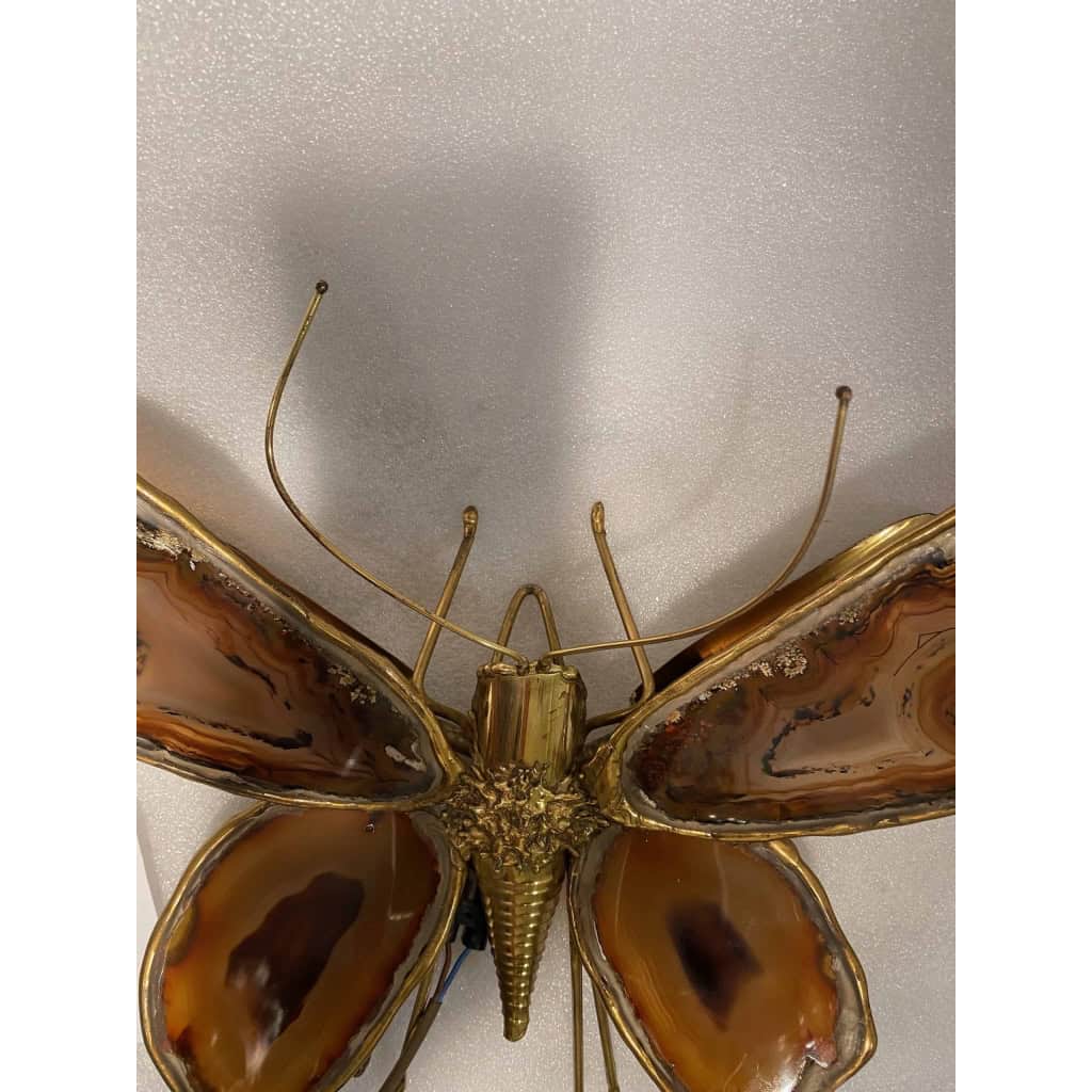 1970’Applique Papillon en Bronze ou Laiton, Duval Brasseur Ou Isabelle Faure, 4 Ampoules, Ailes d’Agate : 33 X Hauteur 2 | Biron 1970’Applique Papillon en Bronze ou Laiton, Duval Brasseur Ou Isabelle Faure, 4 Ampoules, Ailes d’Agate : 33 X Hauteur 2