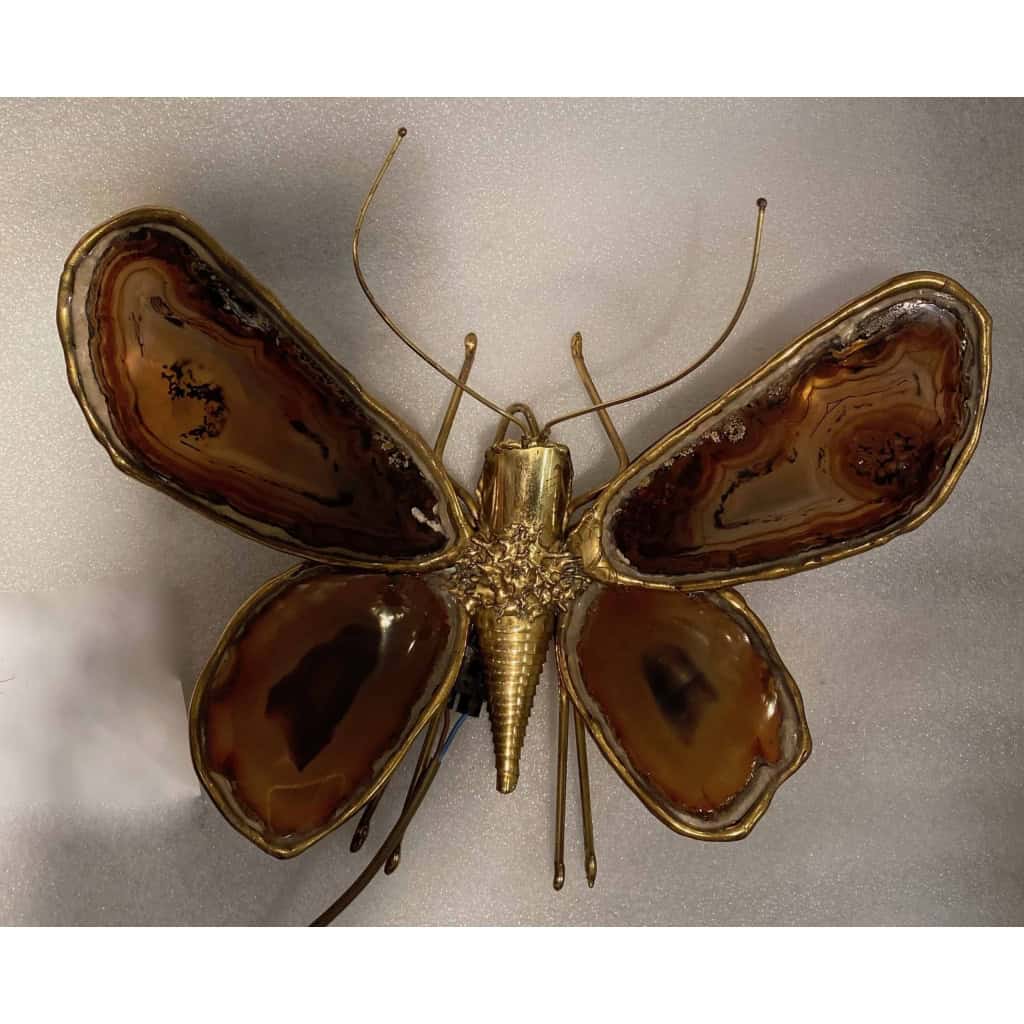 1970’Applique Papillon en Bronze ou Laiton, Duval Brasseur Ou Isabelle Faure, 4 Ampoules, Ailes d’Agate : 33 X Hauteur 2 | Biron 1970’Applique Papillon en Bronze ou Laiton, Duval Brasseur Ou Isabelle Faure, 4 Ampoules, Ailes d’Agate : 33 X Hauteur 2
