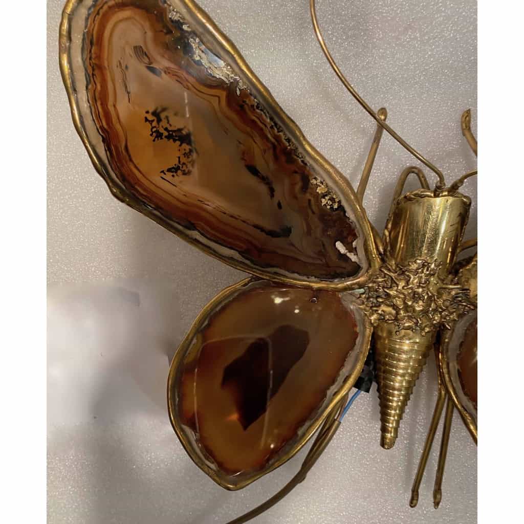 1970’Applique Papillon en Bronze ou Laiton, Duval Brasseur Ou Isabelle Faure, 4 Ampoules, Ailes d’Agate : 33 X Hauteur 2 | Biron 1970’Applique Papillon en Bronze ou Laiton, Duval Brasseur Ou Isabelle Faure, 4 Ampoules, Ailes d’Agate : 33 X Hauteur 2