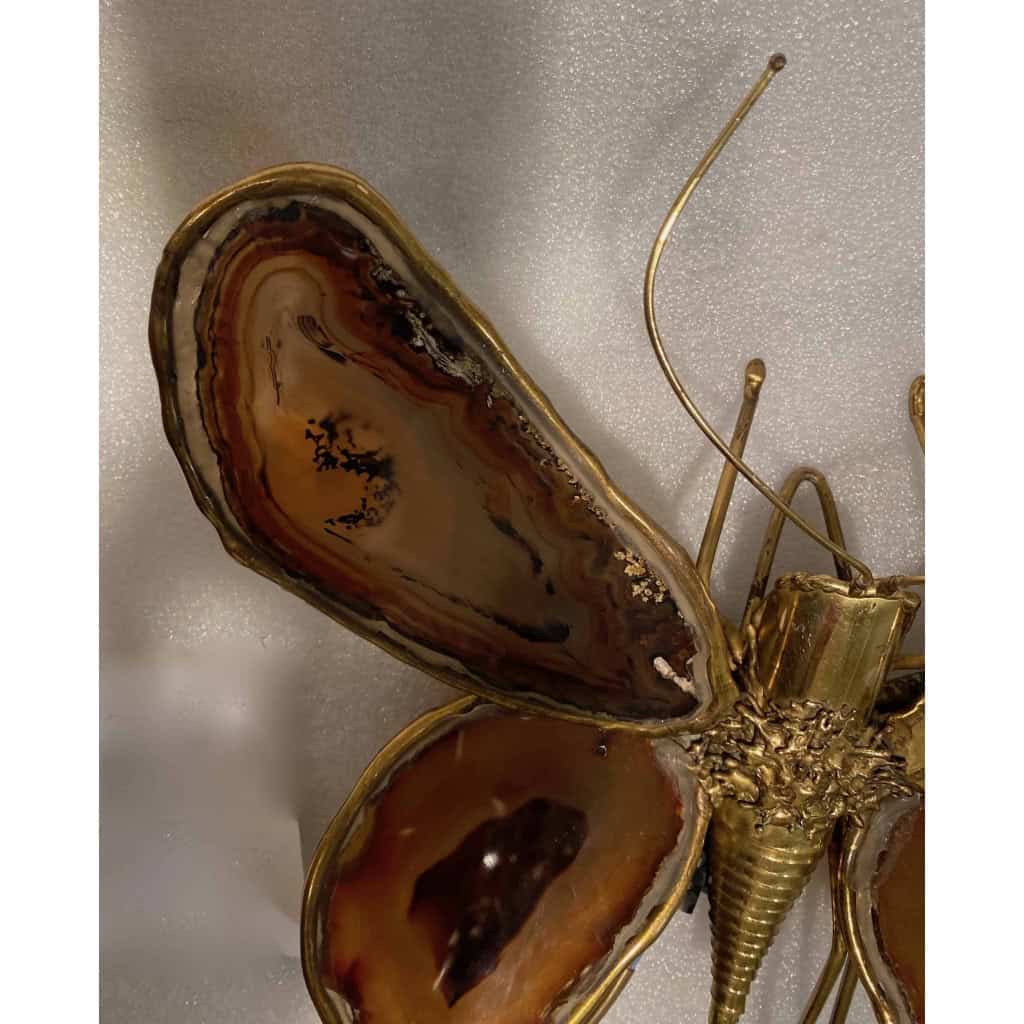 1970’Applique Papillon en Bronze ou Laiton, Duval Brasseur Ou Isabelle Faure, 4 Ampoules, Ailes d’Agate : 33 X Hauteur 2 | Biron 1970’Applique Papillon en Bronze ou Laiton, Duval Brasseur Ou Isabelle Faure, 4 Ampoules, Ailes d’Agate : 33 X Hauteur 2
